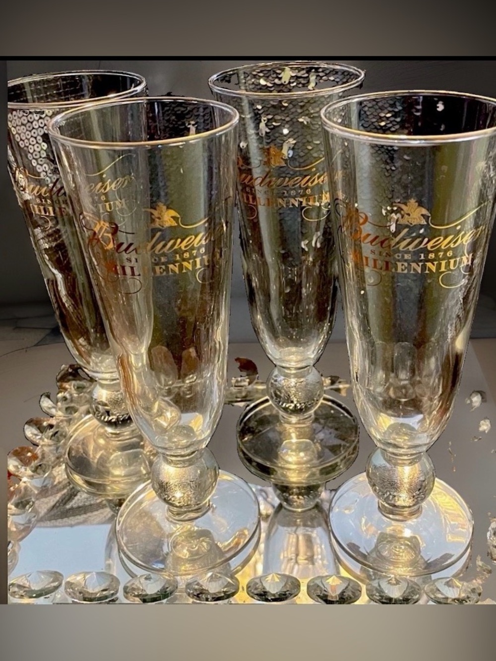 Budweiser Collectible / Vintage Clear Stemmed Glasses with Gold Lettering - Set